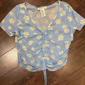 Caution To The Wind Blue Floral Ruched Crop Top